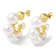 Plastic Imitation Pearl Beaded Round Stud Earrings, Rack Plating Brass Half Hoop Earrings, Real 18K Gold Plated, 28.5x10mm(EJEW-Q766-09G)