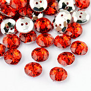 2-Hole Taiwan Acrylic Rhinestone Flat Round Buttons, Faceted & Silver Plated Pointed Back, Red, 27x10mm, Hole: 1mm(X-BUTT-F015-27mm-32)