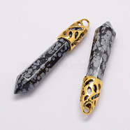 Natural Snowflake Obsidian Big Pointed Pendants, with Alloy Findings, Bullet, Golden, 57~63x13x10mm, Hole: 3x4mm(G-D860-C10-G)
