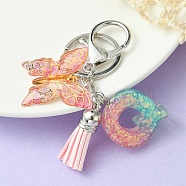Resin & Acrylic Keychains, with Alloy Split Key Rings and Faux Suede Tassel Pendants, Letter & Butterfly, Letter Q, 8.6cm(KEYC-YW00002-17)