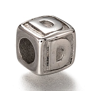 304 Stainless Steel European Beads, Large Hole Beads, Horizontal Hole, Cube with Letter, Stainless Steel Color, Letter.D, 8x8x8mm, Hole: 4.5mm(OPDL-L020-001D)