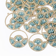 Polyester Thread Woven Pendants, with Glass Seed Beads and Light Gold Plated Alloy Findings, Flat Round with Fan, Dark Turquoise, 37.5x34.5x2mm, Hole: 1.8mm(FIND-N004-002B)