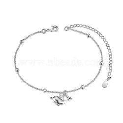 SHEGRACE Brass Charm Anklets, with Grade AAA Cubic Zirconia, Cable Chains and Round Beads, Dolphin, Platinum, 8-1/4 inch(21cm)(JA170A)