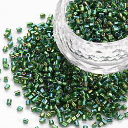 Glass Bugle Beads, Silver Lined Colours Rainbow, Green, 2.5~3x2mm, Hole: 0.9mm, about 15000pcs/pound(SEED-S032-09A-646)