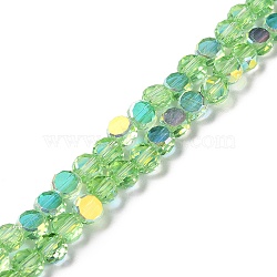 Transparent Electroplate Glass Beads Strands, AB Color, Faceted Flat Round, Light Green, 6x3mm, Hole: 1.2mm, about 98~100pcs/strand, 20.08''~20.87''(51~53cm)(GLAA-Q099-I01-04)