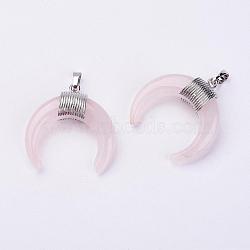 Natural Rose Quartz Pendants, with Platinum Plated Brass Findings, Double Horn/Crescent Moon, 34x33x8.5mm, Hole: 5x7mm(G-L466-B09)
