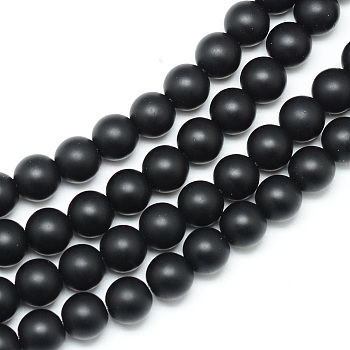 Synthetic Black Stone Bead Strands, Frosted, Round, 8~9mm, Hole: 1mm, about 46pcs/strand, 15.3 inch