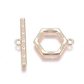 Brass Toggle Clasps, with Jump Rings, for DIY Jewelry Making, Real 18K Gold Plated, Hexagon: 16x12x1.5mm, Bar: 21x4.5x1.5mm, Hole: 1.2mm