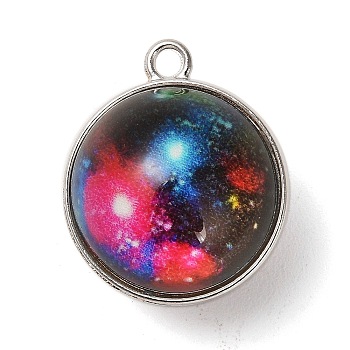Galaxy Theme Luminous Glass Ball Pendants, Glow in the Dark, with Platinum Tone Alloy Edge, Cerise, 25x21.5x20~21mm, Hole: 2mm