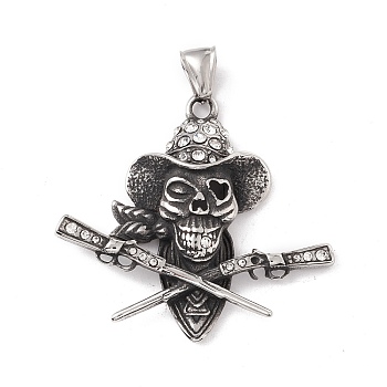 304 Stainless Steel Crystal Rhinestone Pendant, Skull, Antique Silver, 45x47x7mm, Hole: 8x4mm