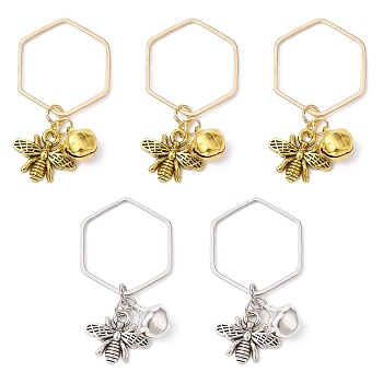 Alloy Bees and Iron Bell Pendant Decoration, with Brass Hexagon Ring, Platinum & Golden, 39mm, 2 colors, 10pcs/color, 20pcs/set