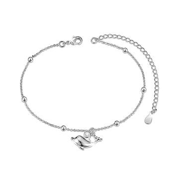 SHEGRACE Brass Charm Anklets, with Grade AAA Cubic Zirconia, Cable Chains and Round Beads, Dolphin, Platinum, 8-1/4 inch(21cm)