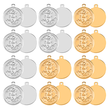 12Pcs 2 Colors 304 Stainless Steel Pendants, Flat Round with Archangel Michael, Golden & Stainless Steel Color, 24x20.5x3mm, Hole: 2mm, 6pcs/color