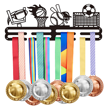 Fashion Iron Medal Hanger Holder Display Wall Rack, 2 Line, with Screws, Sports Ball Pattern, Electrophoresis Black, 150x400mm