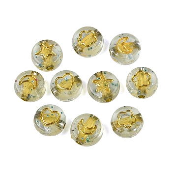 Transparent Acrylic Beads, Flat Round & Heart & Moon & Flower, with Glitter Powder & Golden Metal Enlaced, Dark Khaki, 7x3.5~4mm, Hole: 1.5mm, about 3570pcs/500g
