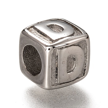 304 Stainless Steel European Beads, Large Hole Beads, Horizontal Hole, Cube with Letter, Stainless Steel Color, Letter.D, 8x8x8mm, Hole: 4.5mm