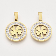 201 Stainless Steel Pendants, with Random Size Snap On Bails and Polymer Clay Crystal Rhinestones, Flat Round with Clover, Golden, 23x20x2~3mm, Hole: 7~10x3~5mm(STAS-N089-82G)