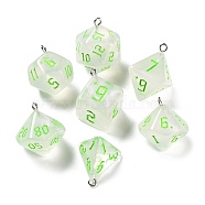7Pcs 7 Styles Transparent Resin Polyhedral Dice Pendants Set, Multi-Sided Dice Charms with Platinum Plated Iron Loops, Mixed Shapes, Lawn Green, 20~28x19~24x17~24mm, Hole: 2mm, 1pc/style(RESI-A029-01K)
