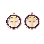 Ion Plating(IP) 304 Stainless Steel Enamel Pendants, Flat Round with Cross Charm, Golden, 18x15.5x1mm, Hole: 1.4mm(STAS-Z078-25G)