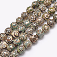 Natural Tibetan 3-Eye dZi Agate Beads Strands, Round, Dyed & Heated, Dark Green, 8mm, Hole: 1.2mm, about 47pcs/strand, 15 inch(G-F354-05)