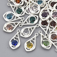 Faceted Glass Pendants, with Eco-Friendly Alloy Open Back Settings, Nickel Free, Teardrop, Silver Color Plated, Mixed Color, 21x11x3.5mm, Hole: 1.6mm(GLAA-R204-B-S-NF)