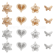 16Pcs 8 Style Brass Pendants, with Crystal Rhinestone, Flower & Butterfly & Heart, Platinum & Light Gold, 12~31.5x20~25.5x4~7mm, Hole: 1.2~1.5mm, 2pcs/style(KK-CA0002-47)