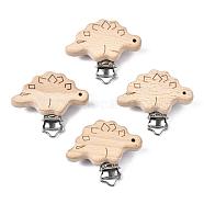 Beech Wood Baby Pacifier Holder Clips, with Iron Clips, Dinosaur, Platinum, BurlyWood, 46.5x56.5x19mm, Hole: 3.5x6mm(WOOD-T015-22)