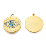 304 Stainless Steel Pendants, with Aquamarine Rhinestone, Flat Round with Eye, Real 18K Gold Plated, 21x18x2.5mm, Hole: 1.4mm(STAS-N098-178LG)