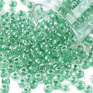 6/0 Glass Seed Beads, Transparent Inside Colours Luster, Round Hole, Round, Green, 6/0, 4~5x2.5~4.5mm, Hole: 1.2mm, about 500pcs/50g(X-SEED-A015-4mm-2218)