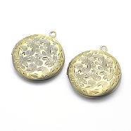 Brass Locket Pendants, Photo Frame Charms for Necklaces, Cadmium Free & Nickel Free & Lead Free, Flat Round with Flower, Brushed Antique Bronze, 31x27x5.5mm, Hole: 2mm, Inner Size: 20mm(KK-F717-41AB-NR)