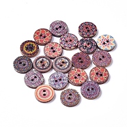Printed Poplar Wood Buttons, 2-Hole, Dyed, Flat Round with Flower Pattern, Mixed Color, 15x2mm, Hole: 1.8mm(WOOD-D021-01A)