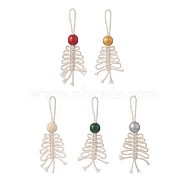 Wooden Round Bead Pendant Decoration, Knot Macrame Cotton Cord Hanging Ornament, Mixed Color, 105mm(HJEW-JM00950)
