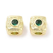 Brass Micro Pave Cubic Zirconia Beads, Cube, Real 18K Gold Plated, Green, 7.5x7.5x7.5mm, Hole: 3mm(KK-C051-28G-02)