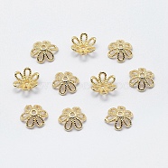 6-Petal Brass Caps, Long-Lasting Plated, Real 18K Gold Plated, Nickel Free, Flower, 10.5x3.5mm, Hole: 1mm(KK-F727-91G-NF)