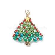 Glass Seed Bead Braided Pendants, with Brass Jump Ring, Christmas Tree, Golden, 32.5x27.5x4mm, Hole: 3.2mm(PALLOY-JF02081)