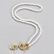 304 Stainless Steel Pendant Necklaces, with Acrylic Imitation Pearl Round Beads and Toggle Clasps, Hamsa Hand, White, Golden, 17.71 inch(45cm)(NJEW-B0001-07G)