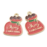 Alloy Enamel Pendants, for Christmas, Light Gold Plated, Bag with Word Merry Christmas, Red, 24x17.5x1mm, Hole: 1mm(X-ENAM-J649-31LG-B)