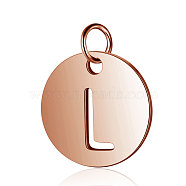 304 Stainless Steel Charms, Flat Round with Letter, Rose Gold, Letter.L, 12x1mm, Hole: 2.5mm(STAS-S105-T514R-L)