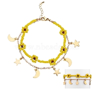 Glass Seed Braided Flower Multi-strand Bracelet, 304 Stainless Steel Moon and Star Charm Bracelet with Brass Chains for Women, Golden, Yellow, 7-1/8 inch(18cm)(BJEW-SW00069-01)