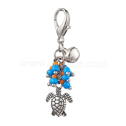 Baking Paint Glass Seed Pendant Decorations, with Tibetan Style Alloy Charms, Turtle, 47mm, Pendants: 34mm long, Turtle: 16x12x3mm(HJEW-MZ00040-05)