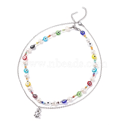 2Pcs 2 Style Natural Pearl & Evil Eye Beaded Necklaces with Bear Pendant for Women, Mixed Color, 16.38~18-3/4 inch(41.6~47.5cm), 1pc/style(NJEW-TA00019)