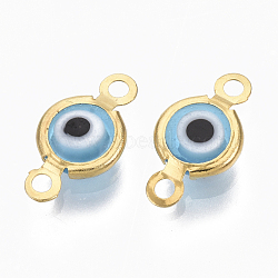 Handmade Evil Eye Lampwork Links connectors, with 304 Stainless Steel Findings, Flat Round, Golden, Light Blue, 12.5x7x2.5mm, Hole: 1.5mm(STAS-T041-02G-03)