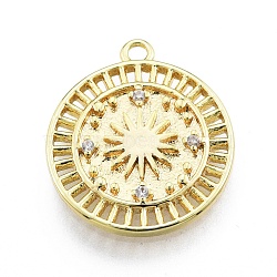 Ion Plating(IP) Brass Micro Pave Clear Cubic Zirconia Pendants, Flat Round with Sun, Real 18K Gold Plated, 16.5x14x1.5mm, Hole: 1.2mm(KK-C006-10G)