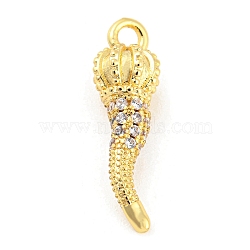 Rack Plating Brass Micro Pave Cubic Zirconia Pendants, Long-Lasting Plated, Lead Free & Cadmium Free, Horn Charm, Real 18K Gold Plated, 19x5.5mm, Hole: 1.8mm(ZIRC-F140-02G)