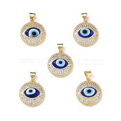 Real 18K Gold Plated Brass Clear Cubic Zirconia Pendants, Flat Round with Lampwork Evil Eye Charms, Lead Free & Cadmium free, Blue, 19x16.5x5mm, Hole: 4mm(ZIRC-L102-12G-10)