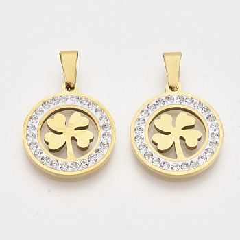 201 Stainless Steel Pendants, with Random Size Snap On Bails and Polymer Clay Crystal Rhinestones, Flat Round with Clover, Golden, 23x20x2~3mm, Hole: 7~10x3~5mm
