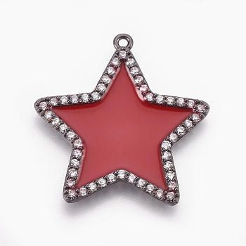 Brass Micro Pave Cubic Zirconia Pendants, with Enamel, Star, Red, Gunmetal, 30x29x2.5mm, Hole: 1.2mm