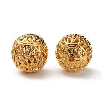 Hollow Brass Beads, Round, Real 18K Gold Plated, 13x14mm, Hole: 1.6mm