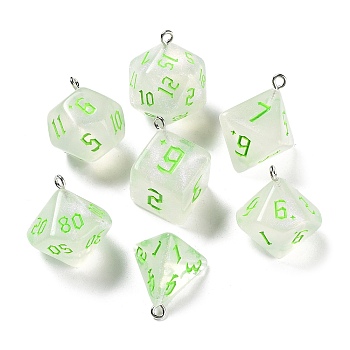 7Pcs 7 Styles Transparent Resin Polyhedral Dice Pendants Set, Multi-Sided Dice Charms with Platinum Plated Iron Loops, Mixed Shapes, Lawn Green, 20~28x19~24x17~24mm, Hole: 2mm, 1pc/style