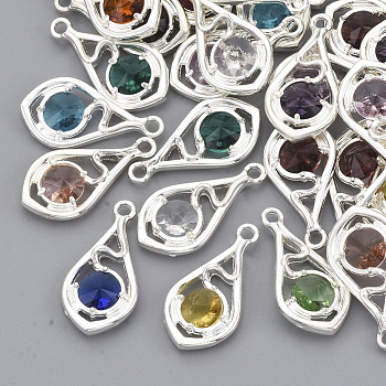 Faceted Glass Pendants, with Eco-Friendly Alloy Open Back Settings, Nickel Free, Teardrop, Silver Color Plated, Mixed Color, 21x11x3.5mm, Hole: 1.6mm